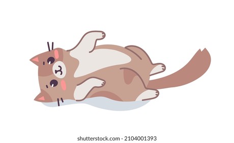 Vector illustration of happy cute laying on the back cat character on white color background. Flat line art style design of spotted animal cat for web, greeting card, banner