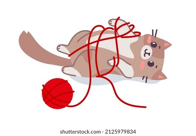 Vector illustration of happy cute laying on the back cat character with red ball of wool yarn on white color background. Flat line art style design of spotted animal cat for web, greeting card, banner