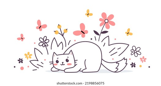 Vector illustration of happy cute laying cat character and flower on white color background. Flat line art style design of romantic animal cat for web, greeting card, banner