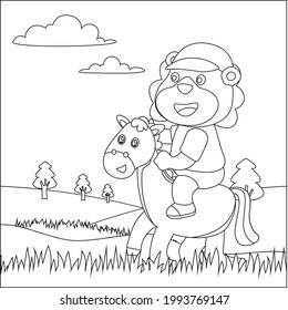 Vector illustration of happy cute lion riding cute horse. Childish design for kids activity colouring book or page.