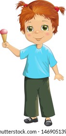 Vector illustration happy cute little girl with ice cream cone. In cartoon style. Clipart isolated on white background