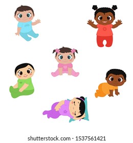 Vector illustration of happy cute little kids. Toddler, newborn adorable sitting and play babies.