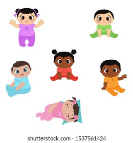 Vector illustration of happy cute little kids. Toddler, newborn adorable sitting and play babies.