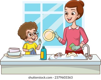 vector illustration happy cute little boy washing dish with mother.Happy little children doing housework and cleaning together