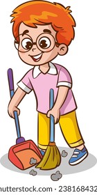 vector illustration of happy cute little kids sweeping floor