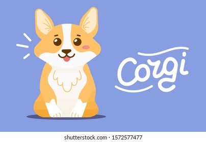Vector illustration of happy cute orange and white color dog breed corgi is sitting on blue background. Flat style design for web, site, banner, card, sticker, print