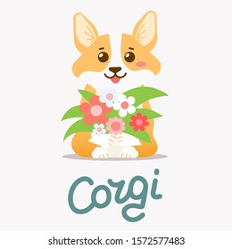 Vector illustration of happy cute orange and white color dog breed corgi with bouquet of flowers on white background. Flat style design for web, site, banner, greeting card, sticker, poster