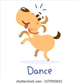 Vector illustration of happy cute orange color dog with tongue is dancing on white background. Flat style design for web, site, banner, card, sticker, print