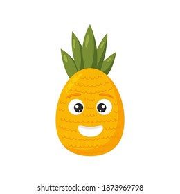 Vector illustration. Happy cute pineapple for kids in cartoon style isolated on white background. Funny character fruit.