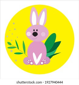 Ilustración vectorial de feliz conejo rosa lindo. Diseño de tarjetas con personaje de caricatura gracioso en círculo amarillo sobre fondo blanco. Arte de animales de Pascua para la decoración y celebración de las vacaciones de temporada. EPS10