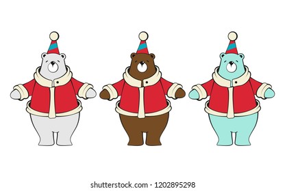 Vector illustration of happy cute polar bear cartoon character wearing red coach and rainbow hat, celebrating for Christmas and New Year party.