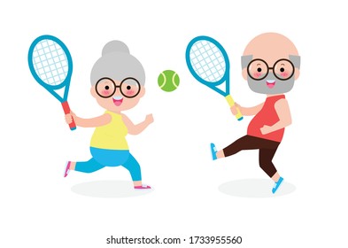 Vector Illustration Of Happy cute senior couple playing tennis outdoors isolated on white background Elderly people with sports equipment