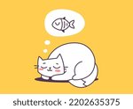Vector illustration of happy cute sleeping cat character and dreaming of fish on yellow color background. Flat line art style design of curled up in a ball animal cat for web, greeting card, banner
