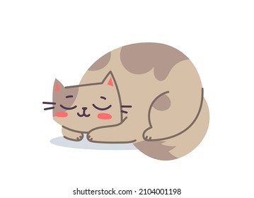 Vector illustration of happy cute sleeping cat character on white color background. Flat line art style design of curled up in a ball animal cat for web, greeting card, banner