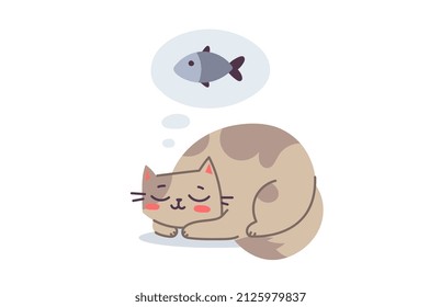 Vector illustration of happy cute sleeping cat character and dreaming of fish on white color background. Flat line art style design of curled up in a ball animal cat for web, greeting card, banner