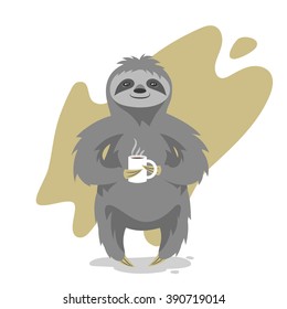 Vector illustration of happy cute sloth with the cup of tea or coffee. Vector print for t-shirt design.