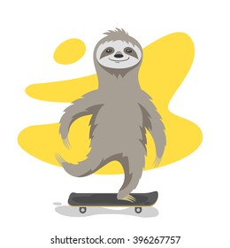 Vector illustration of happy cute sloth on skateboard. Sloth riding skateboard. Vector print for t-shirt or poster design.