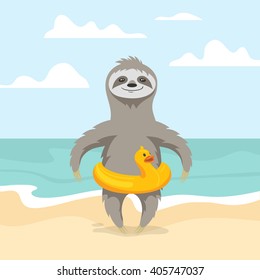 Vector illustration of happy cute sloth on the beach. Summer vacation. Yellow duck inflatable circle. Vector print for t-shirt or poster design.