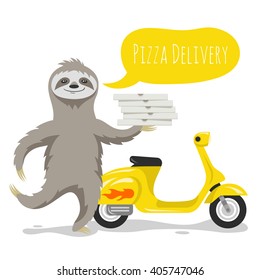 Vector illustration of happy cute sloth with pizza boxes and a speech bubble. Pizza delivery. Retro scooter. Vector print for t-shirt or poster design.