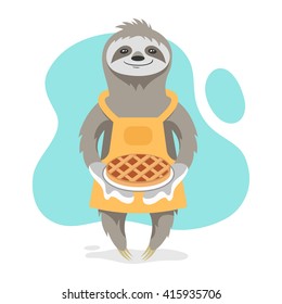 Vector illustration of happy cute sloth wearing kitchen apron and holding tasty pie in his hands. Vector print for t-shirt or poster design.