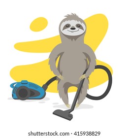 Vector illustration of happy cute sloth that makes cleaning with a vacuum cleaner. Vector print for t-shirt or poster design.