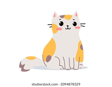 Vector illustration of happy cute spotted cat character on white color background. Flat line art style design of sitting animal cat for web, greeting card, banner