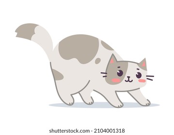 Vector illustration of happy cute spotted cat character on white color background. Flat line art style design of cute animal cat for web, greeting card, banner