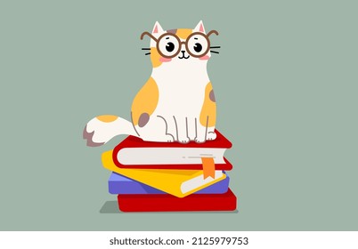 Vector illustration of happy cute spotted cat character in glasses sitting on pile of book on color background. Flat line art style design of scientist animal cat for web, greeting card, banner