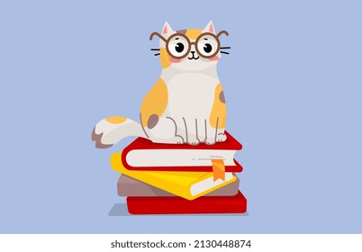 Vector illustration of happy cute spotted cat character in glasses sitting on pile of book on blue color background. Flat line art style design of clever animal cat for web, greeting card, banner