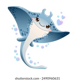 Vector Illustration of happy cute stingray with a friendly smile, surrounded by bubbles in cartoon style