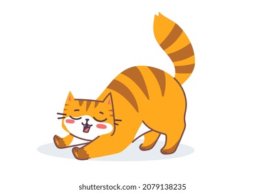 Vector illustration of happy cute striped red cat character on white color background. Flat line art style design of stretching animal tiger cat. Symbol of New Year 2022 for web, greeting card, banner