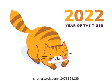 Vector illustration of happy cute striped red cat character on white color background. Flat line art style design of sleeping animal tiger cat with text. Symbol of New Year 2022 for web, greeting card