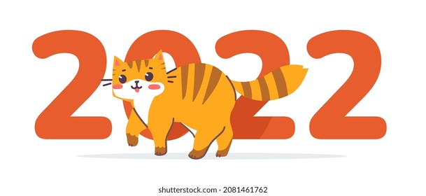 Vector illustration of happy cute striped red cat character on white color background with number 2022. Flat line art style design of walking animal tiger cat. Symbol of New Year 2022 for greetings