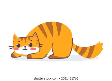 Vector illustration of happy cute striped red cat character on white color background. Flat line art style design of sitting animal tiger cat. Symbol of New Year 2022 for web, greeting card, banner