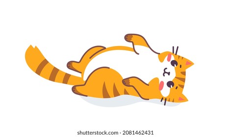 Vector illustration of happy cute striped red cat character on white color background. Flat line art style design of lying on back animal tiger cat. Symbol of New Year 2022 for web, greeting card