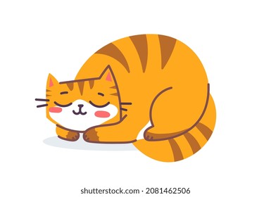 Vector illustration of happy cute striped red cat character on white color background. Flat line art style design of sleeping animal tiger cat. Symbol of New Year 2022 for web, greeting card, banner