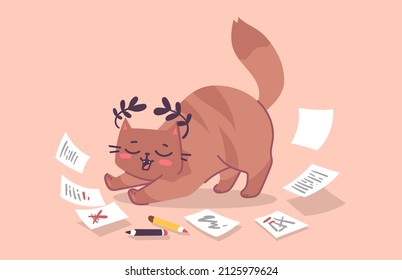 Ilustración vectorial del lindo personaje de gato a rayas con papel y corona sobre fondo de color. Diseño de estilo de arte de línea plana de lindo gato animal para la web, tarjeta de saludo, banner
