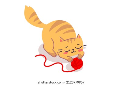 Vector illustration of happy cute striped cat character with red yarn ball on white color background. Flat line art style design of playing animal cat for web, greeting card, banner