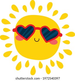 Vector illustration of happy cute sun cartoon character wearing red sunglasses isolated on white background