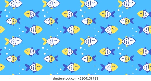 Ilustración vectorial del bonito y feliz pez de nado sobre fondo azul. Diseño de estilo de arte de línea plana con patrón transparente con pescado para web, sitio, banner, afiche, tarjeta infantil
