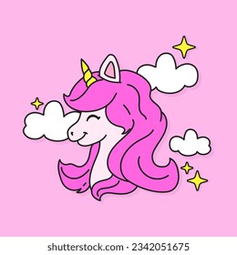 VECTOR ILLUSTRATION OF A HAPPY AND CUTE UNICORN WITH STARS AND CLOUDS, SLOGAN PRINT VECTOR