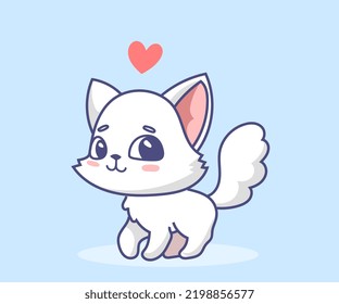Vector illustration of happy cute white cat character with heart on blue color background. Flat line art style design of animal cat for web, site, banner, poster, sticker