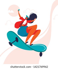 Vector illustration. Happy cute young skater woman riding on her skateboard and get photos on a phone. Flat desing. Modern style. Pink summer background.