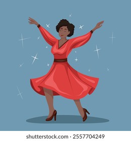 Vector illustration of happy dancing African woman in red dress. Professional salsa dancer. Active lifestyle. Sport dance