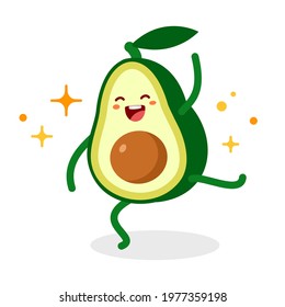 Vector illustration of happy dancing character green and yellow avocado on white color background with star