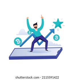 Vector illustration happy dancing man with bitcoin stonk market cryptocurrency  infograph background.