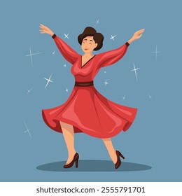 Vector illustration of happy dancing woman in red dress. Professional dancer. Active lifestyle