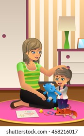 A vector illustration of happy daughter playing together with her mother in bedroom