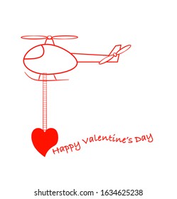 Vector illustration of a Happy Valentine’s Day card cartoon comic line art style design with helicopter delivering heart isolated red on white
