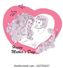 Vector illustration happy mother’s day. Mothers day. Greeting card. Pregnant woman with her husband. It can be used for invitation, poster, banner.